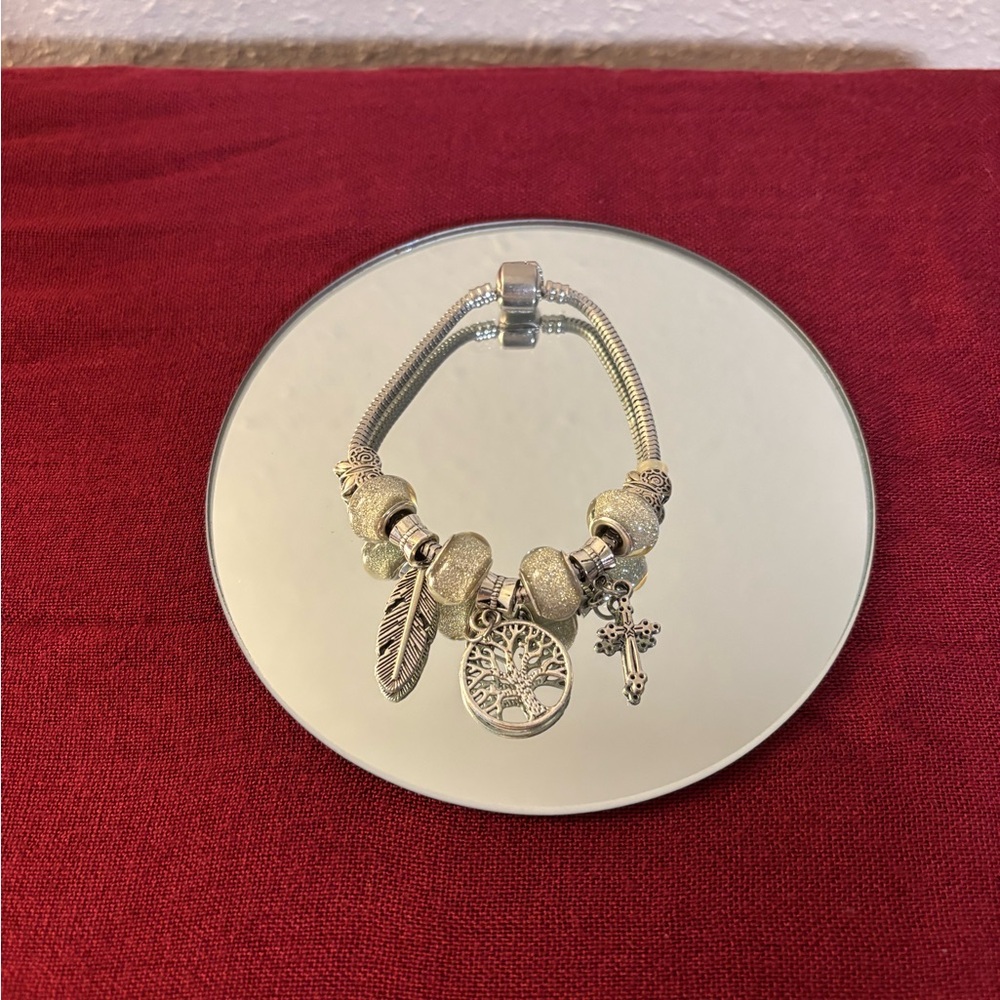 Silver Beaded Charm Bracelet with Tree and Feather Pendants